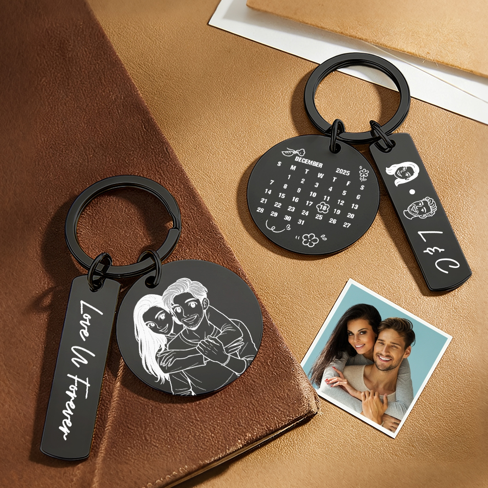 Personalized Calendar KeychainCustom Photo and Date Keyring Couple Portrait Keychain Anniversary Christmas Gift
