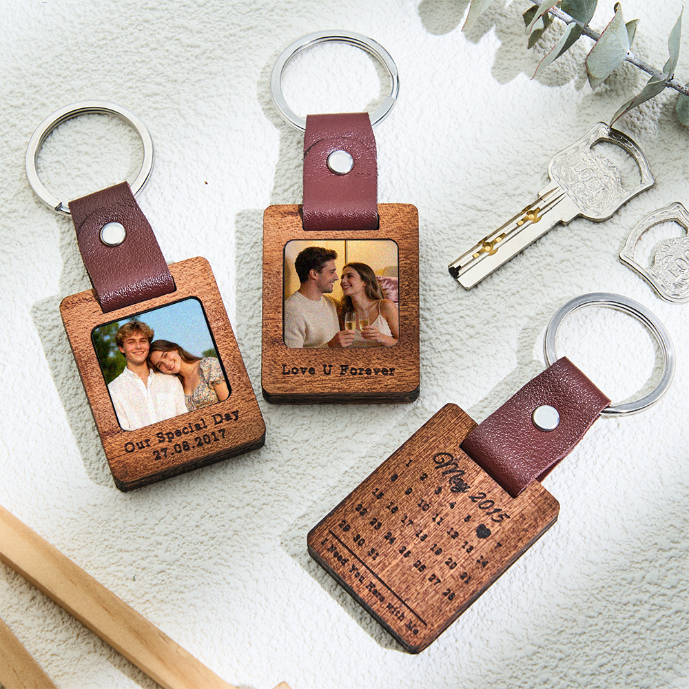 Personalized Photo Calendar Wood Keyring Custom Wooden Picture Calendar Keychain Fifth Anniversary Gifts for Him Her