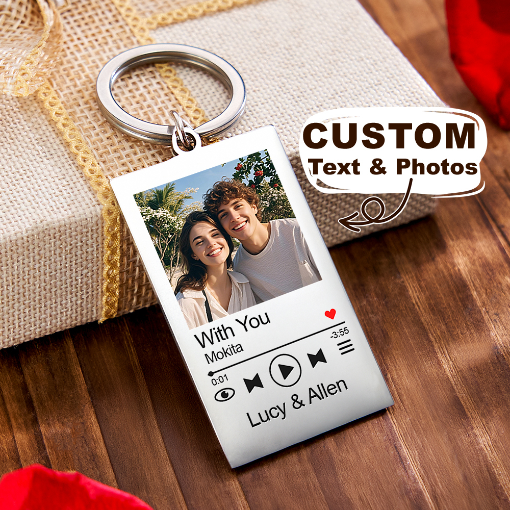 Custom Music Player Photo Keychain Personalized Song Cover Art Keyring Romantic Couple Gift Valentine's Day Gifts