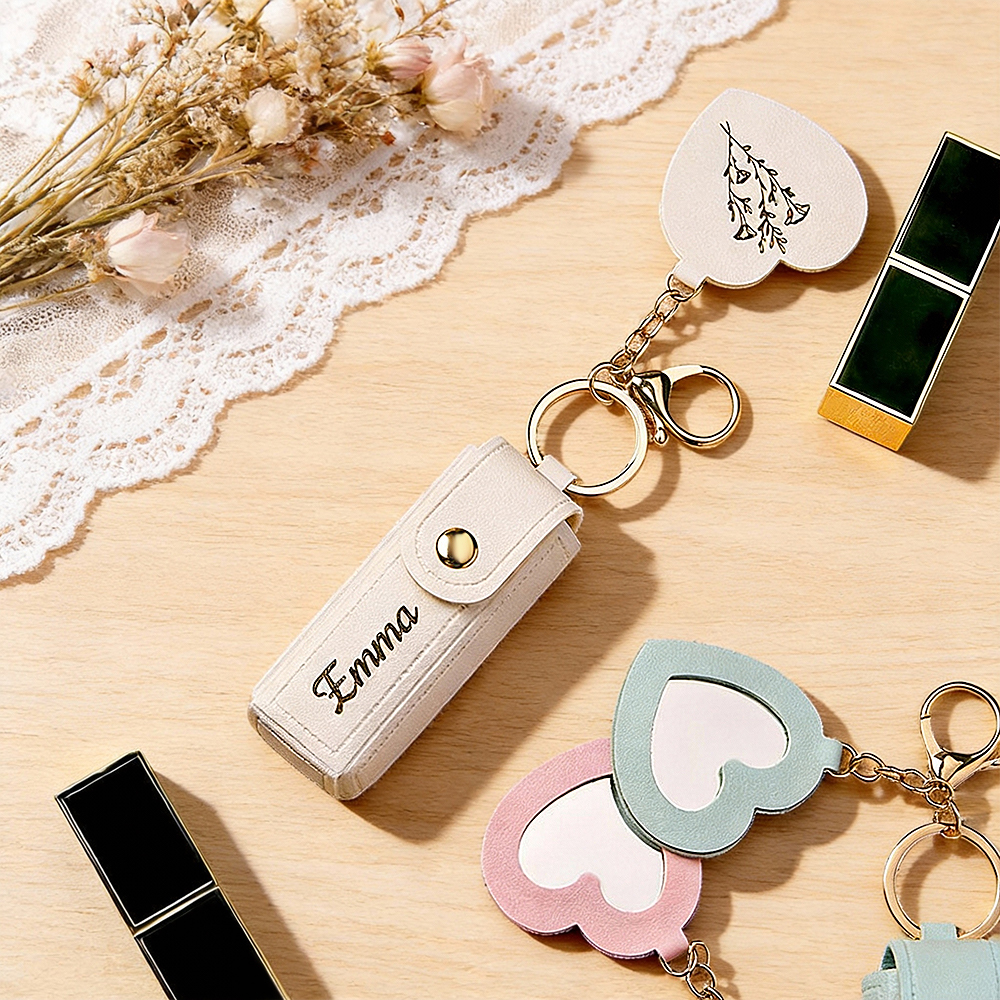 Personalized Lipstick Bag Keychain Custom Name Anti Lost Lipstick Storage Bag Lipstick Case with Mirror Gift for Her