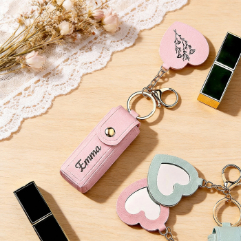 Personalized Lipstick Bag Keychain Custom Name Anti Lost Lipstick Storage Bag Lipstick Case with Mirror Gift for Her