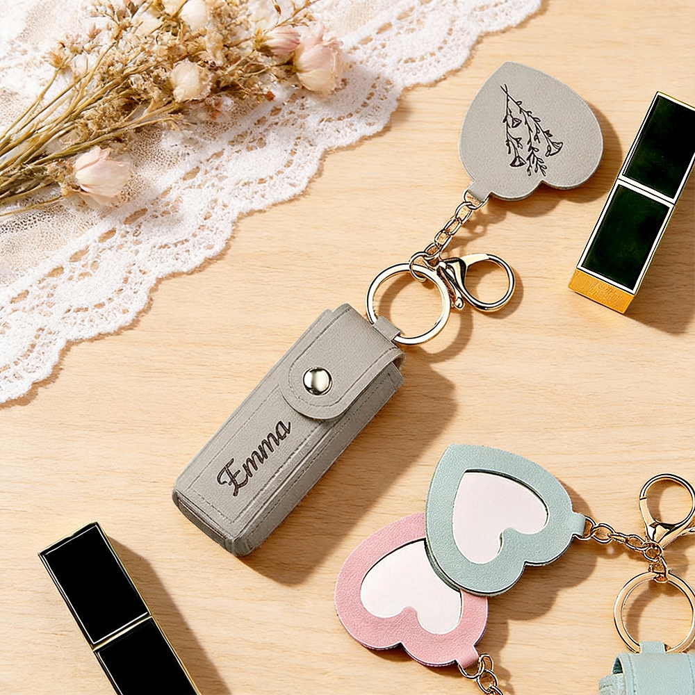 Personalized Lipstick Bag Keychain Custom Name Anti Lost Lipstick Storage Bag Lipstick Case with Mirror Gift for Her
