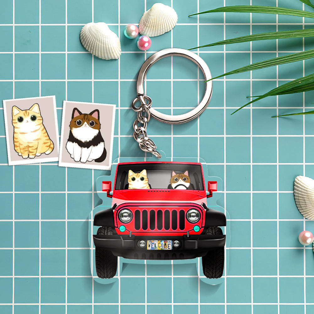 Custom Cartoon Cat Keychain Car Keychain Classic Car Cat Breeds Custom Acrylic Keychain Holiday Gift for Cat Lovers - NameNecklace