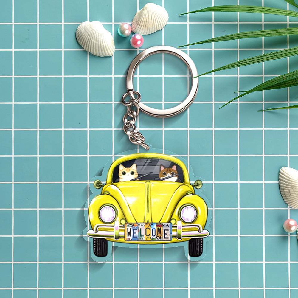 Custom Cartoon Cat Keychain Car Keychain Classic Car Cat Breeds Custom Acrylic Keychain Holiday Gift for Cat Lovers - NameNecklace