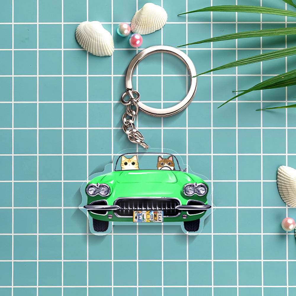 Custom Cartoon Cat Keychain Car Keychain Classic Car Cat Breeds Custom Acrylic Keychain Holiday Gift for Cat Lovers - NameNecklace