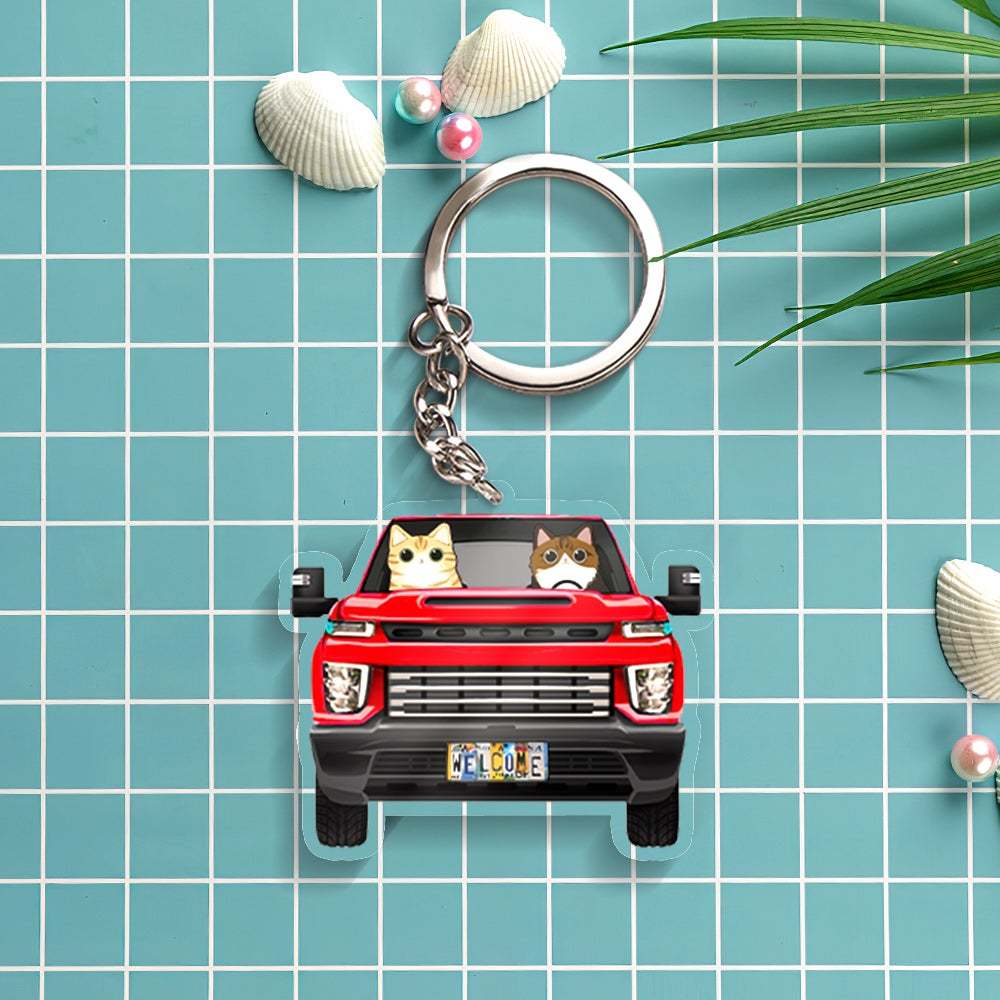 Custom Cartoon Cat Keychain Car Keychain Classic Car Cat Breeds Custom Acrylic Keychain Holiday Gift for Cat Lovers - NameNecklace