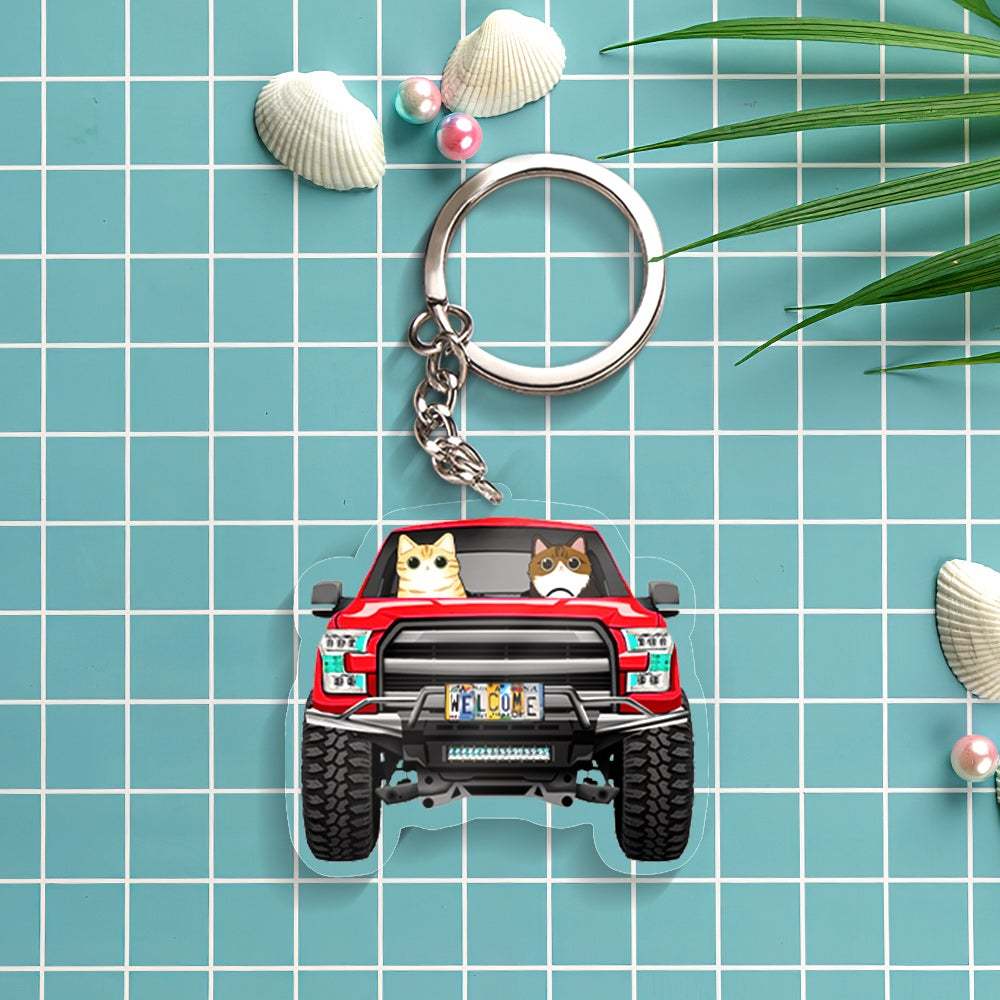 Custom Cartoon Cat Keychain Car Keychain Classic Car Cat Breeds Custom Acrylic Keychain Holiday Gift for Cat Lovers - NameNecklace