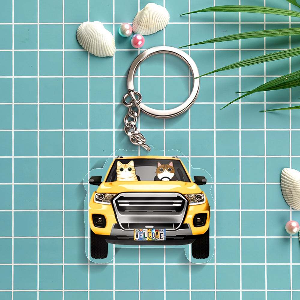 Custom Cartoon Cat Keychain Car Keychain Classic Car Cat Breeds Custom Acrylic Keychain Holiday Gift for Cat Lovers - NameNecklace