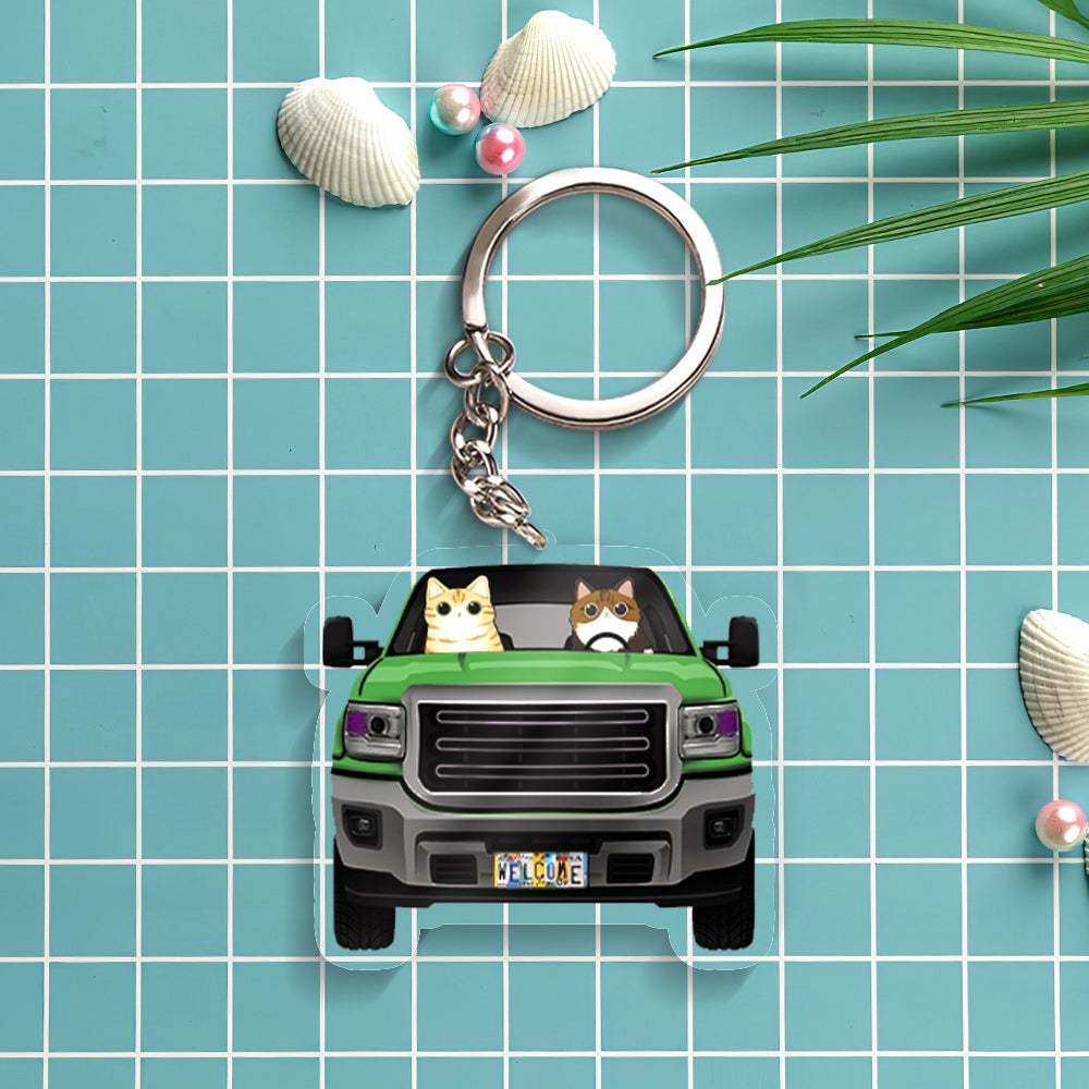 Custom Cartoon Cat Keychain Car Keychain Classic Car Cat Breeds Custom Acrylic Keychain Holiday Gift for Cat Lovers - NameNecklace