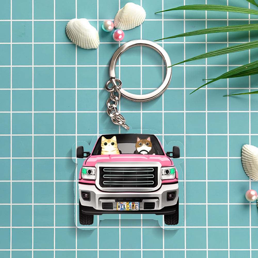 Custom Cartoon Cat Keychain Car Keychain Classic Car Cat Breeds Custom Acrylic Keychain Holiday Gift for Cat Lovers - NameNecklace