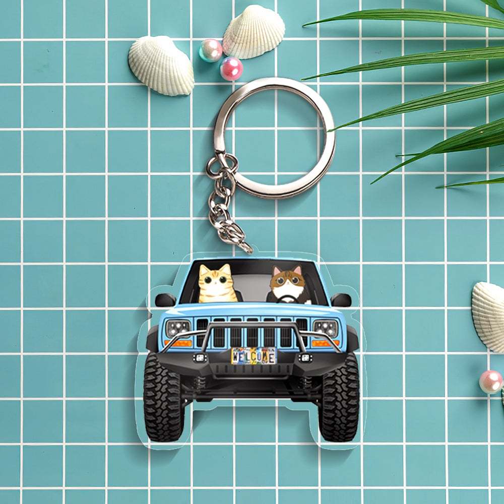 Custom Cartoon Cat Keychain Car Keychain Classic Car Cat Breeds Custom Acrylic Keychain Holiday Gift for Cat Lovers - NameNecklace