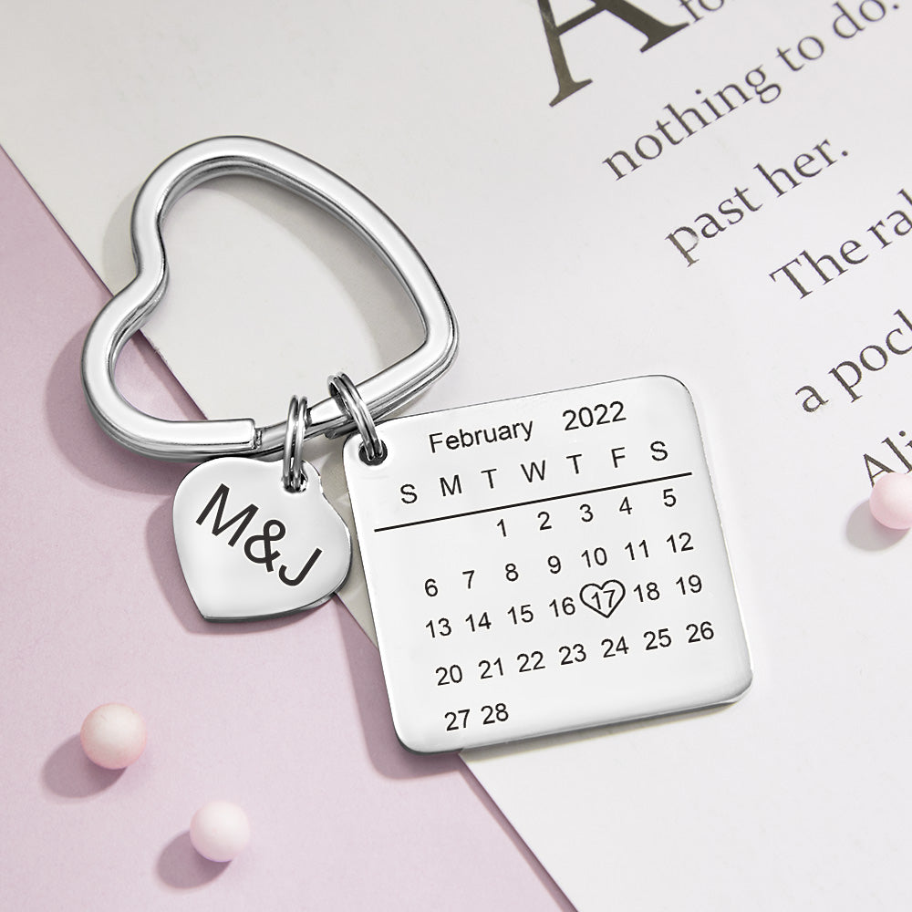 Custom Engraved Calendar Keychain Heart Key Ring Save the Date Keychain