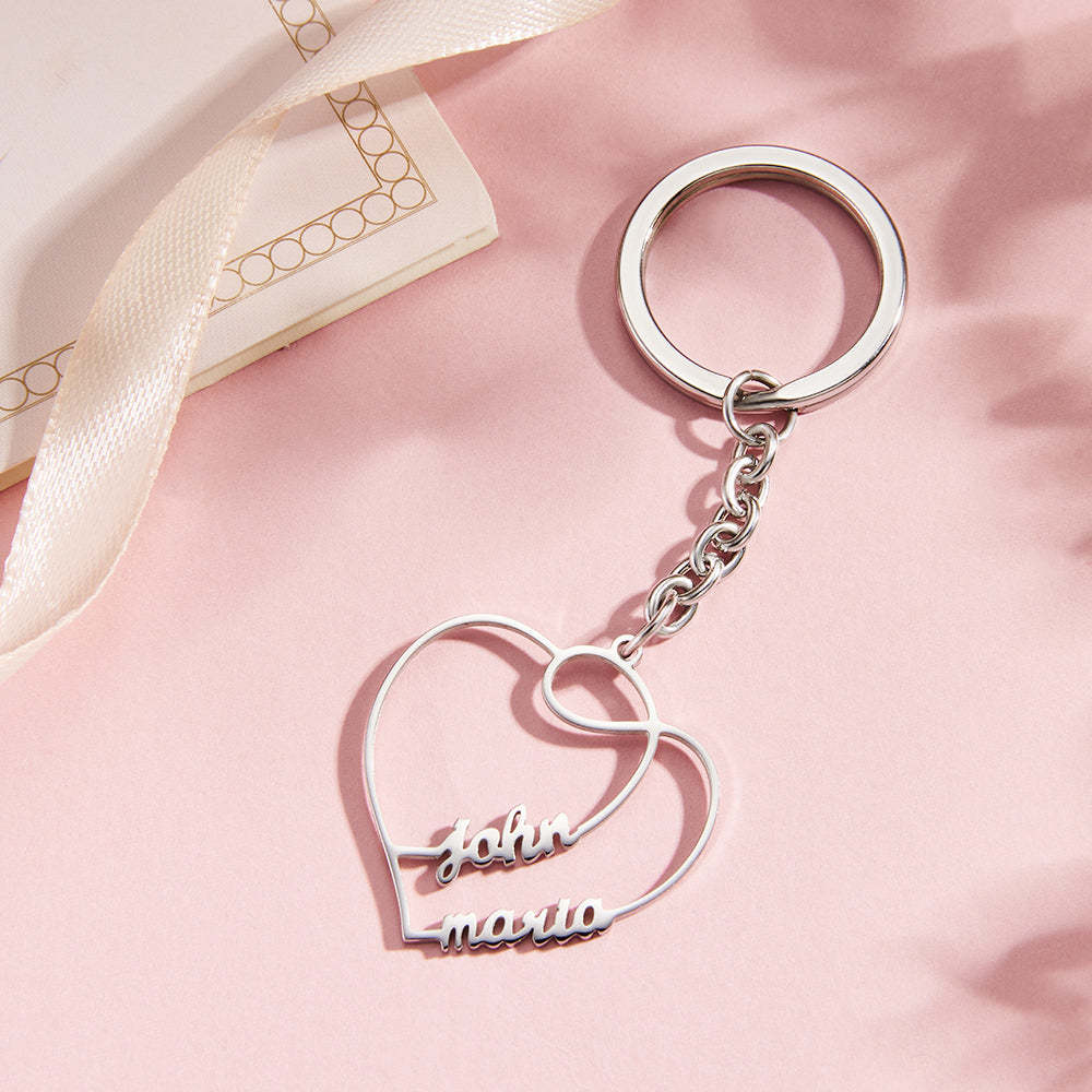 Personalized Two Names Double Heart Keychain Custom Letters Metal Key Ring for Couples - NameNecklace