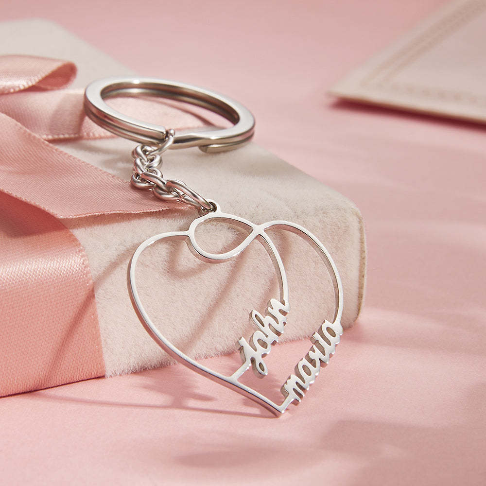 Personalized Two Names Double Heart Keychain Custom Letters Metal Key Ring for Couples - NameNecklace