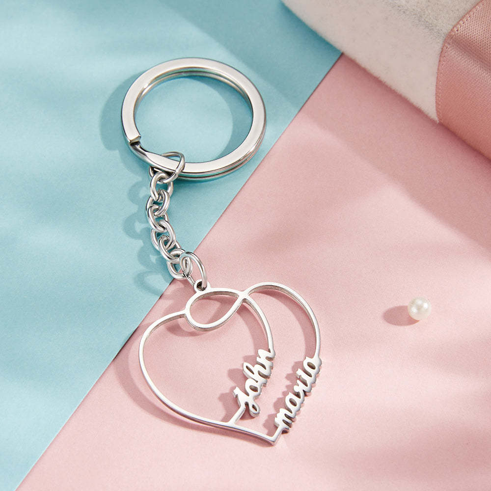 Personalized Two Names Double Heart Keychain Custom Letters Metal Key Ring for Couples - NameNecklace
