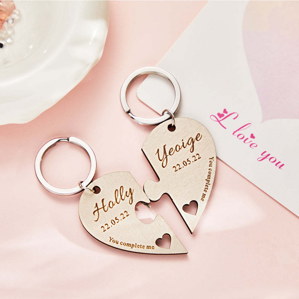 Custom Engraved Keychain Personalized Heart-shaped Wooden Jigsaw Keyring Romantic Gift - NameNecklace