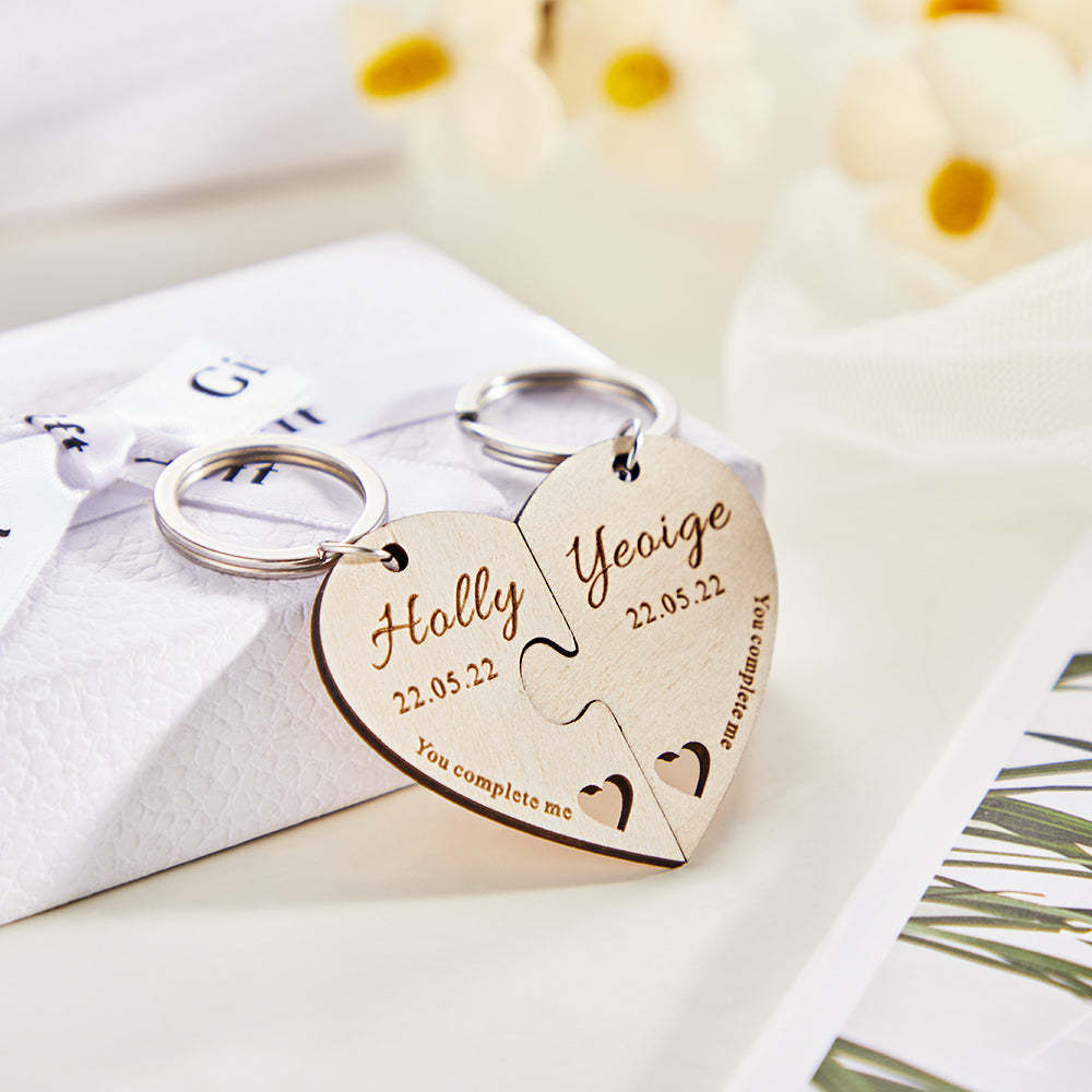 Custom Engraved Keychain Personalized Heart-shaped Wooden Jigsaw Keyring Romantic Gift - NameNecklace