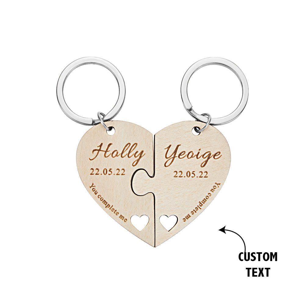 Custom Engraved Keychain Personalized Heart-shaped Wooden Jigsaw Keyring Romantic Gift - NameNecklace