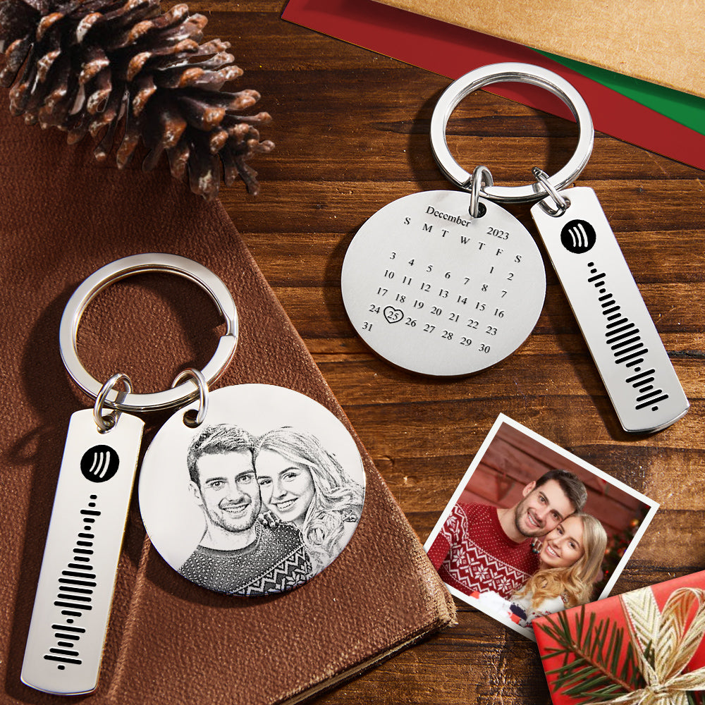 Custom Photo Calendar Spotify Keychain Personalized Stainless Steel Keychain Gift for Lover Christmas Gift