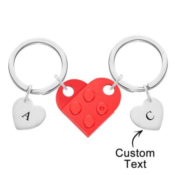 Engraved Heart Block Keychain Set First Initial Pendant Matching Heart Keychain for Couples - NameNecklace