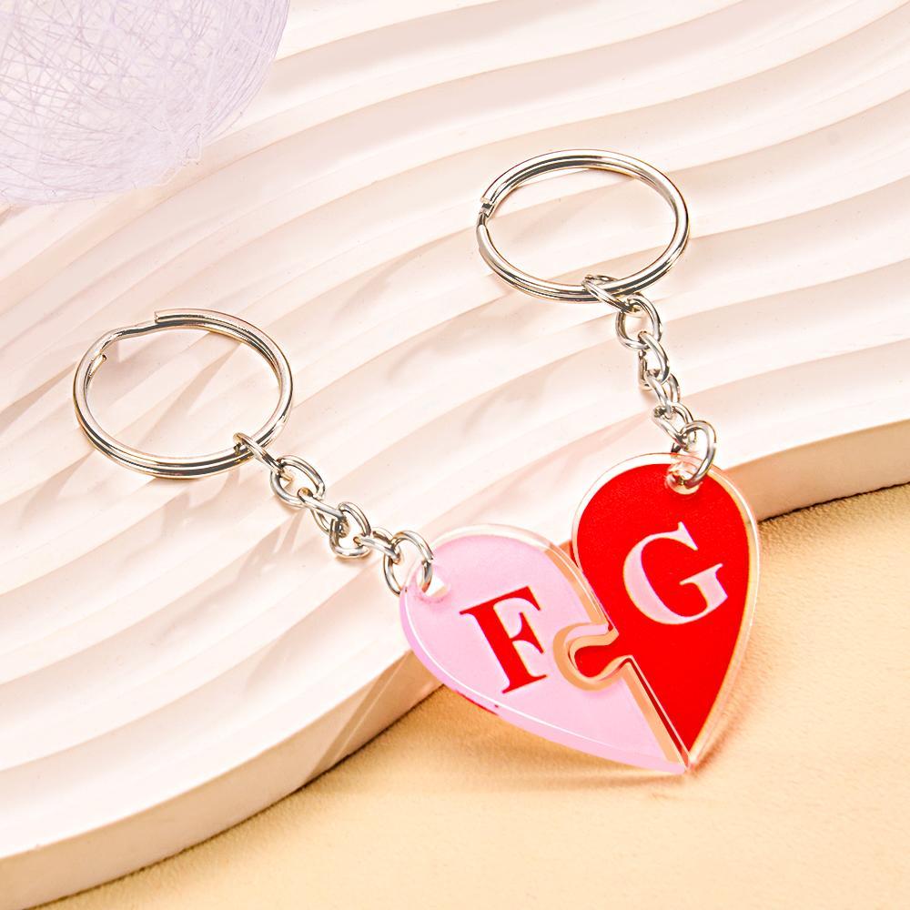 Custom Engraved Heart Puzzle Keychain Set First Initial Pendant Matching Heart Keychain for Couples - NameNecklace