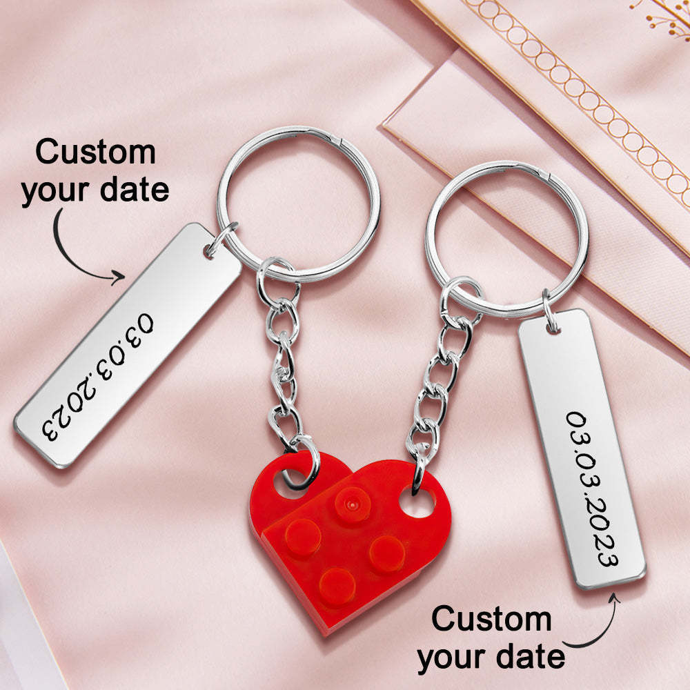 Personalized Date Matching Couples Love Heart Bricks Keychain for Couples - NameNecklace