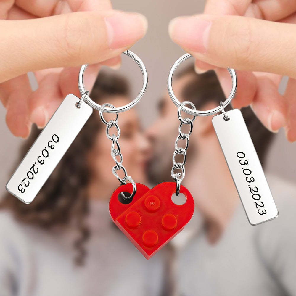 Personalized Date Matching Couples Love Heart Bricks Keychain for Couples - NameNecklace