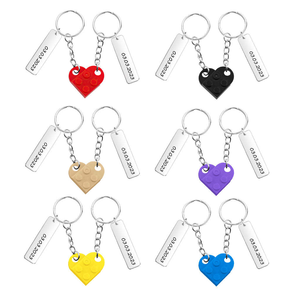 Personalized Date Matching Couples Love Heart Bricks Keychain for Couples - NameNecklace