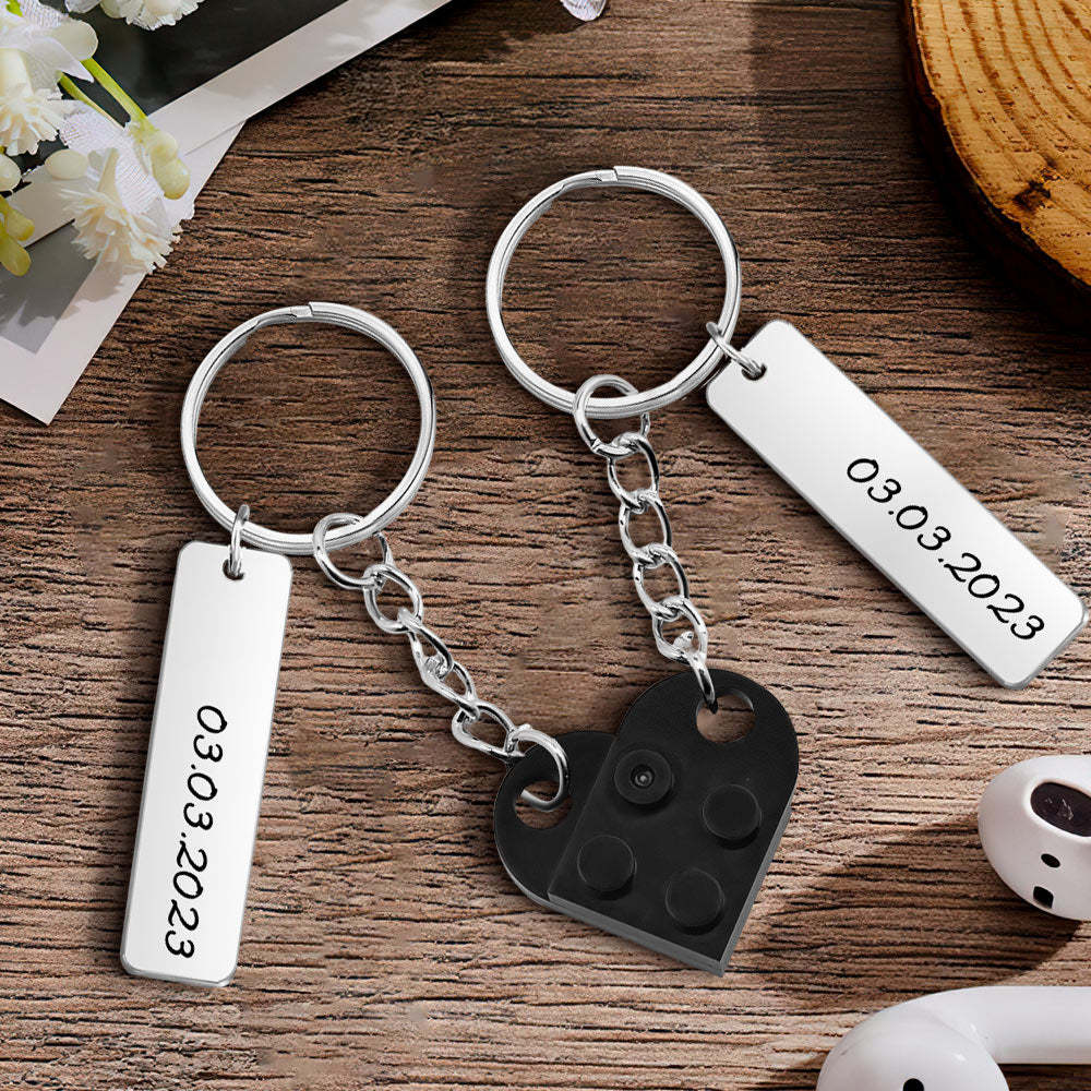 Personalized Date Matching Couples Love Heart Bricks Keychain for Couples - NameNecklace