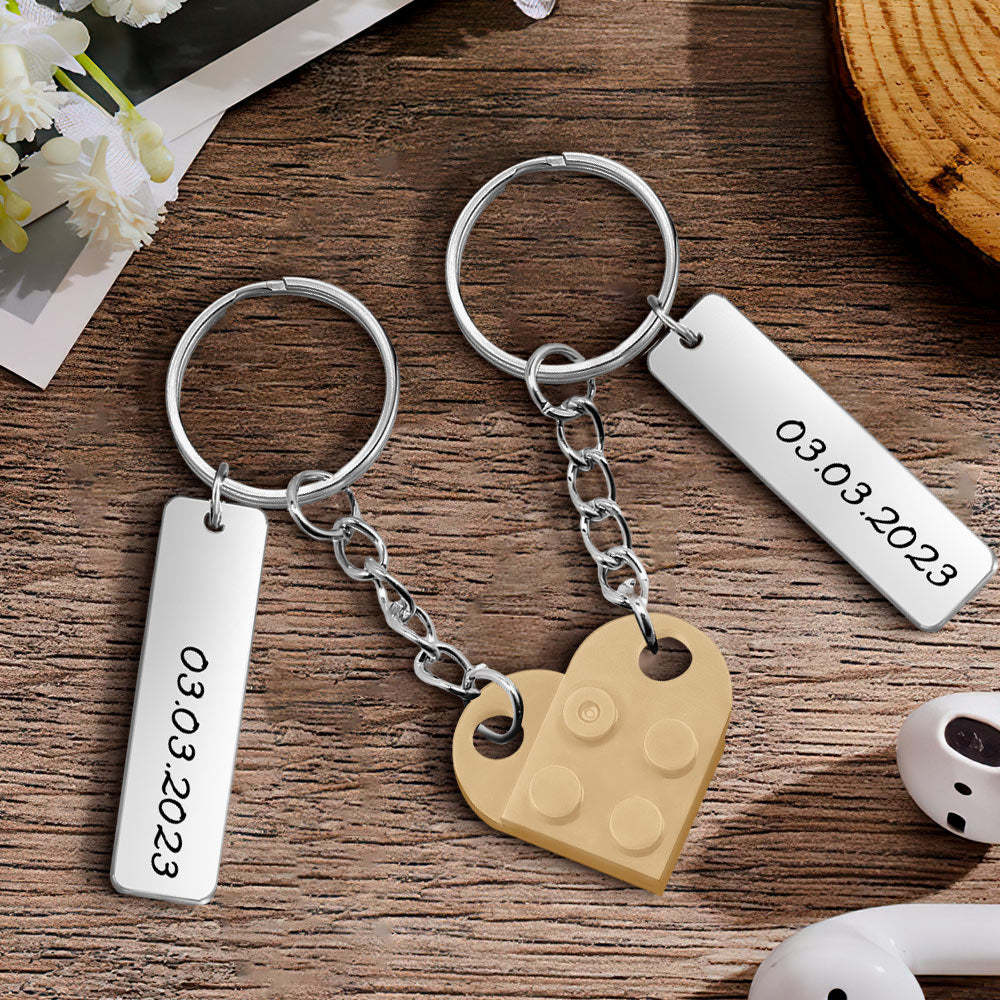 Personalized Date Matching Couples Love Heart Bricks Keychain for Couples - NameNecklace