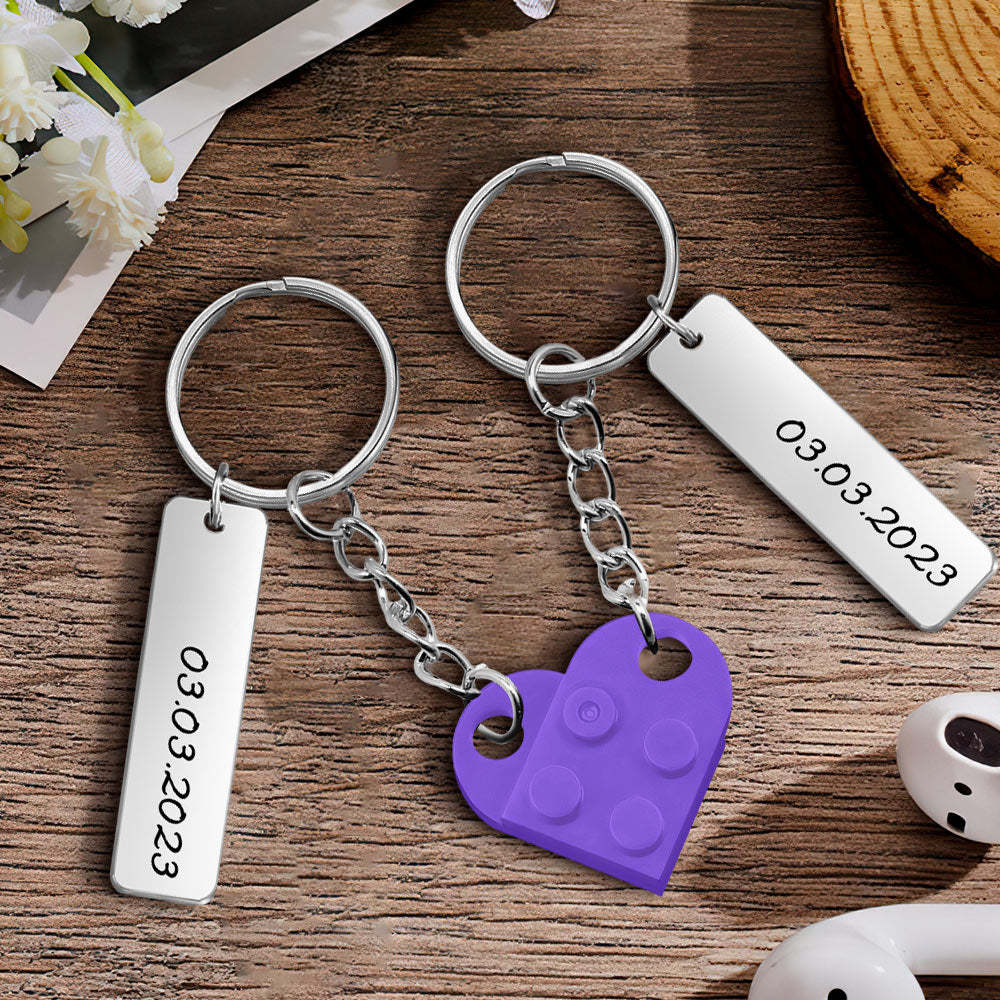 Personalized Date Matching Couples Love Heart Bricks Keychain for Couples - NameNecklace