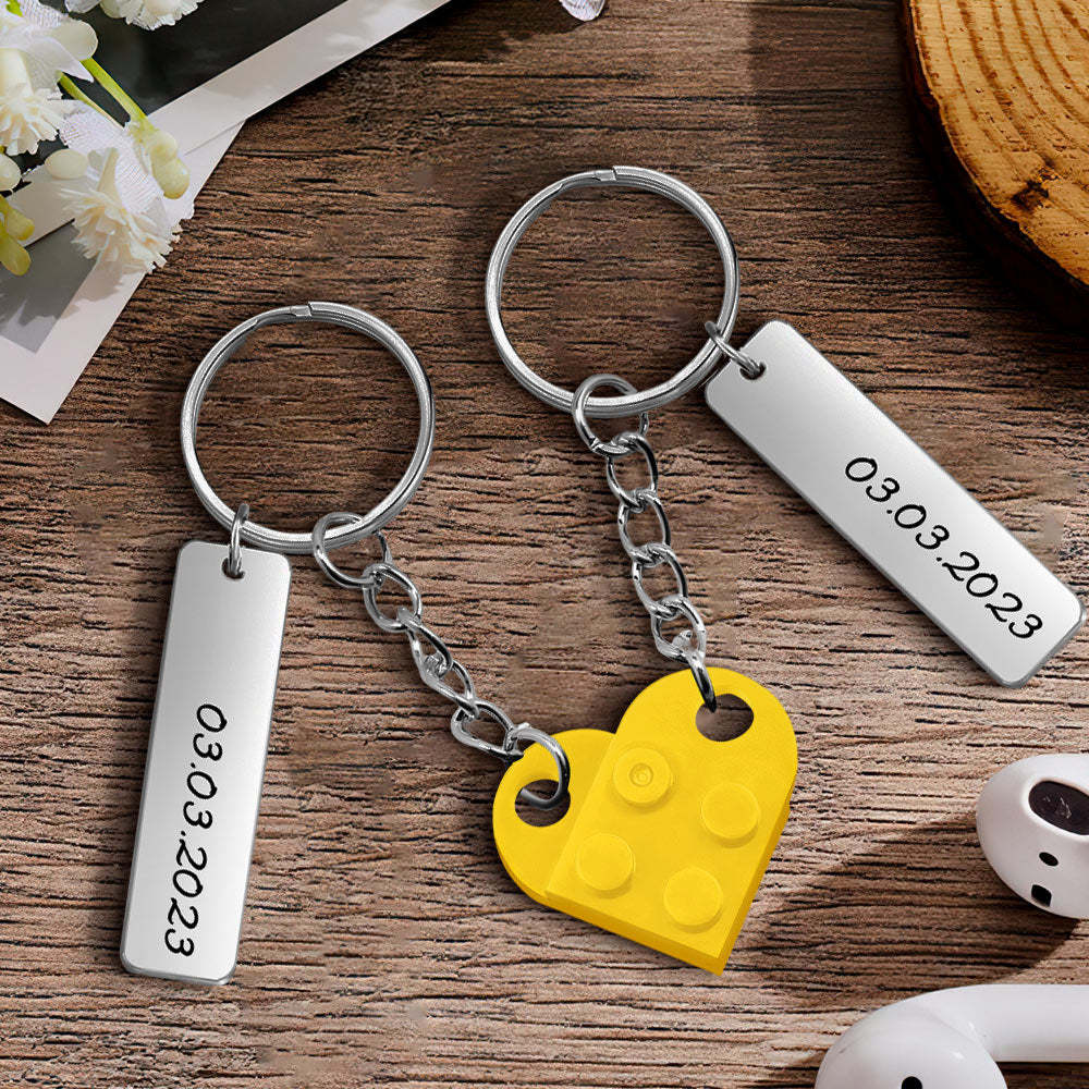 Personalized Date Matching Couples Love Heart Bricks Keychain for Couples - NameNecklace