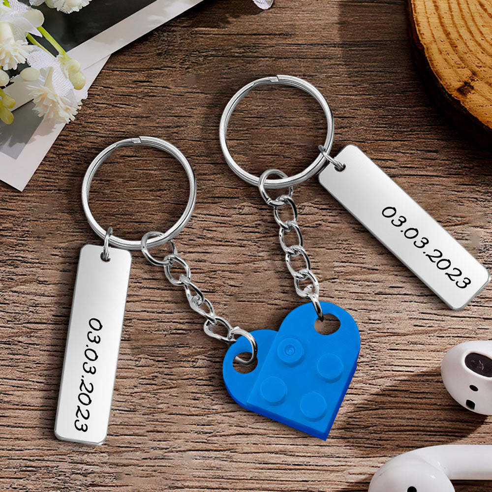 Personalized Date Matching Couples Love Heart Bricks Keychain for Couples - NameNecklace