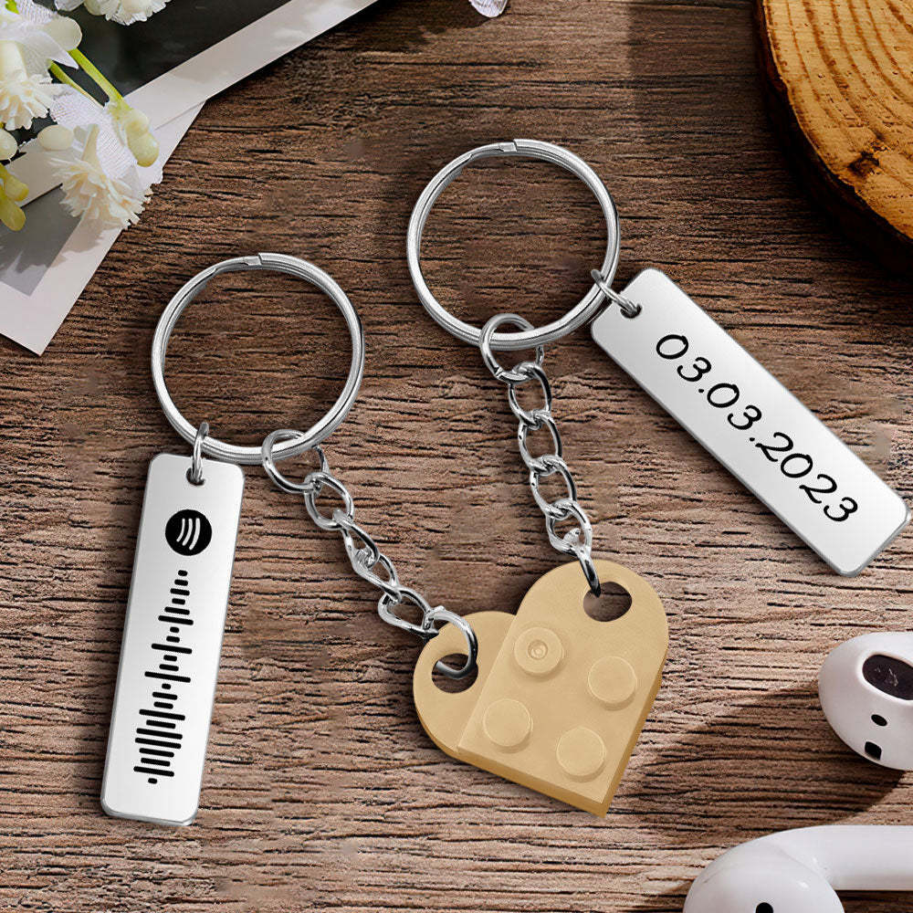 Personalized Spotify Code and Date Matching Couples Love Heart Bricks Keychain for Couples - NameNecklace