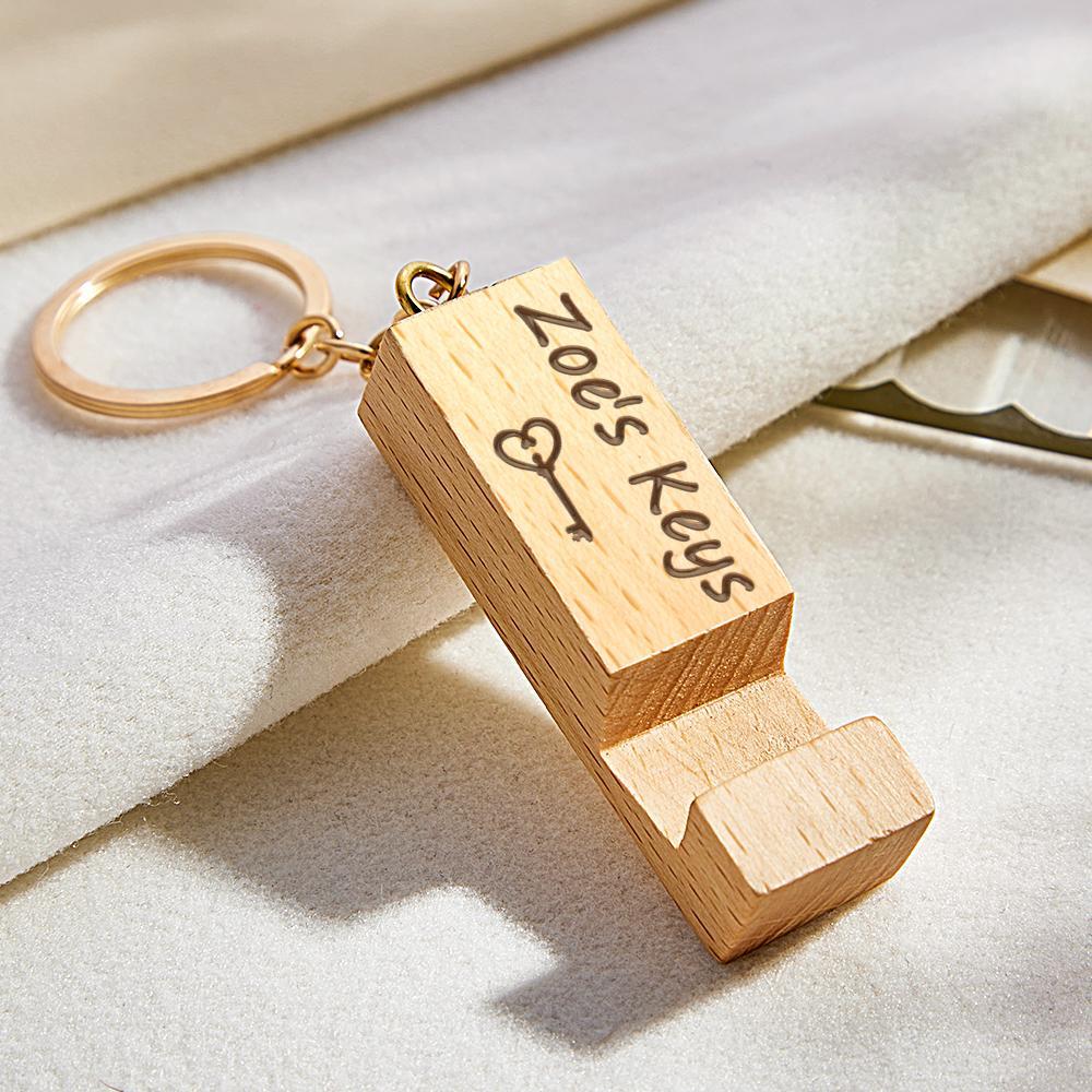 Custom Engraved Keychain Wooden Mobile Phone Stand Gifts - NameNecklace