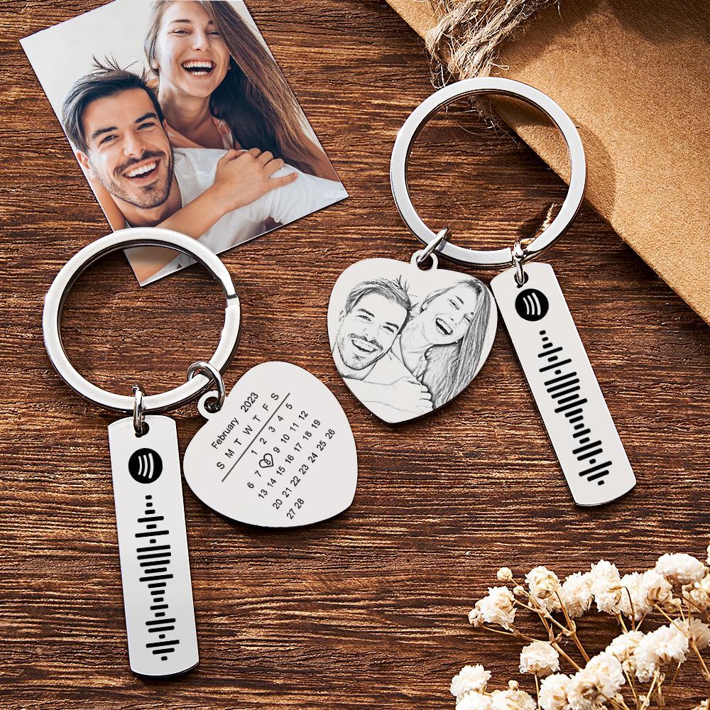 Personalized Calendar Keychain Special Day Significant Photo Heart Square Shape Music Code Metal Keychain Anniversary Gift - NameNecklace