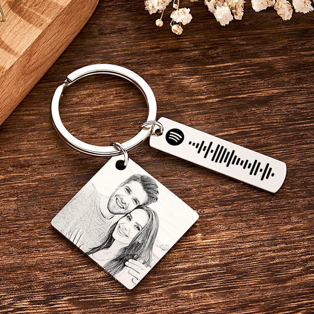 Personalized Calendar Keychain Special Day Significant Photo Heart Square Shape Music Code Metal Keychain Anniversary Gift - NameNecklace