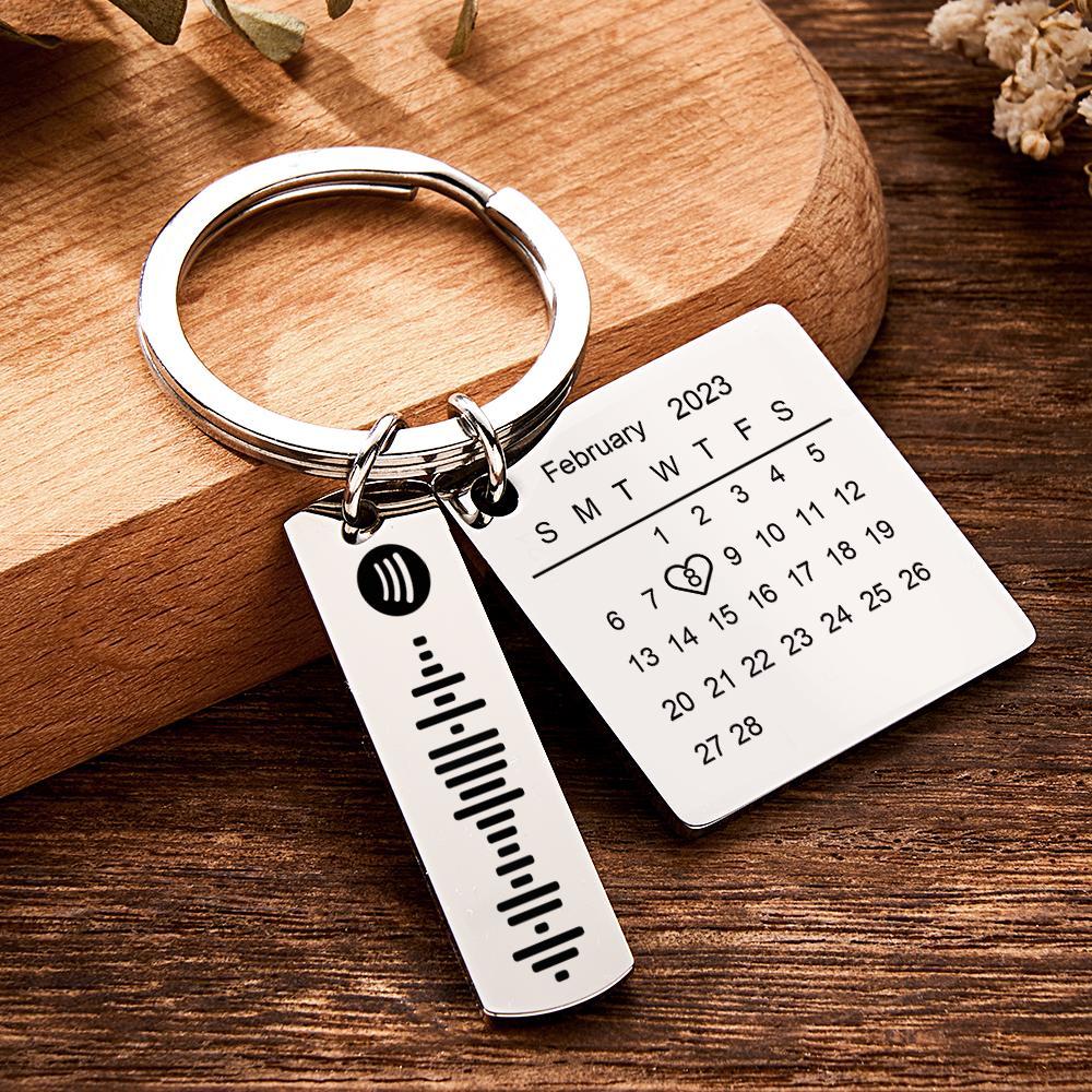 Personalized Calendar Keychain Special Day Significant Photo Heart Square Shape Music Code Metal Keychain Anniversary Gift - NameNecklace