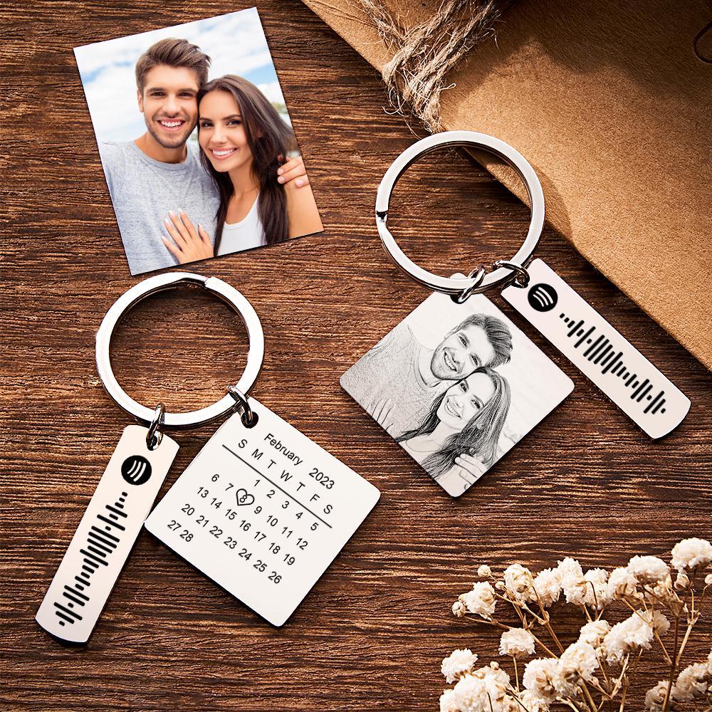 Personalized Calendar Keychain Special Day Significant Photo Heart Square Shape Music Code Metal Keychain Anniversary Gift - NameNecklace