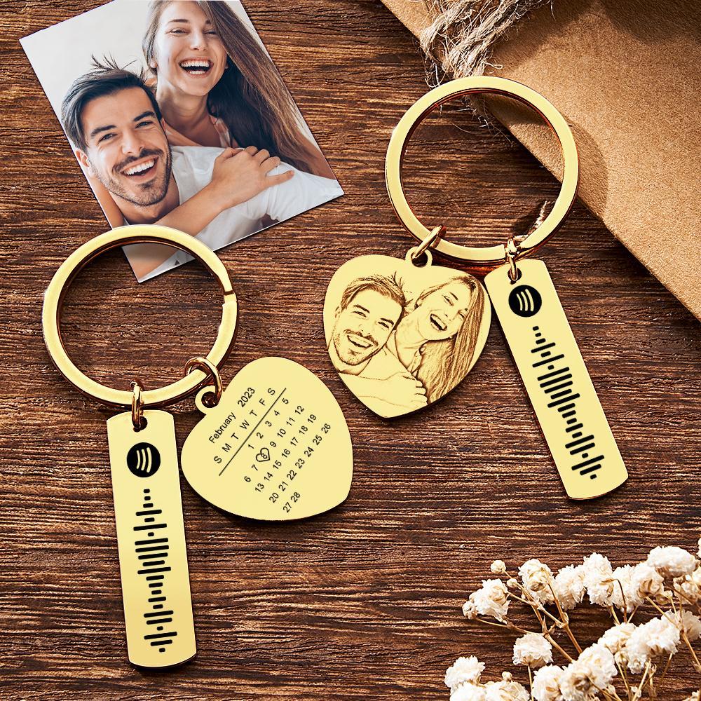Personalized Calendar Keychain Special Day Significant Photo Heart Square Shape Music Code Metal Keychain Anniversary Gift - NameNecklace