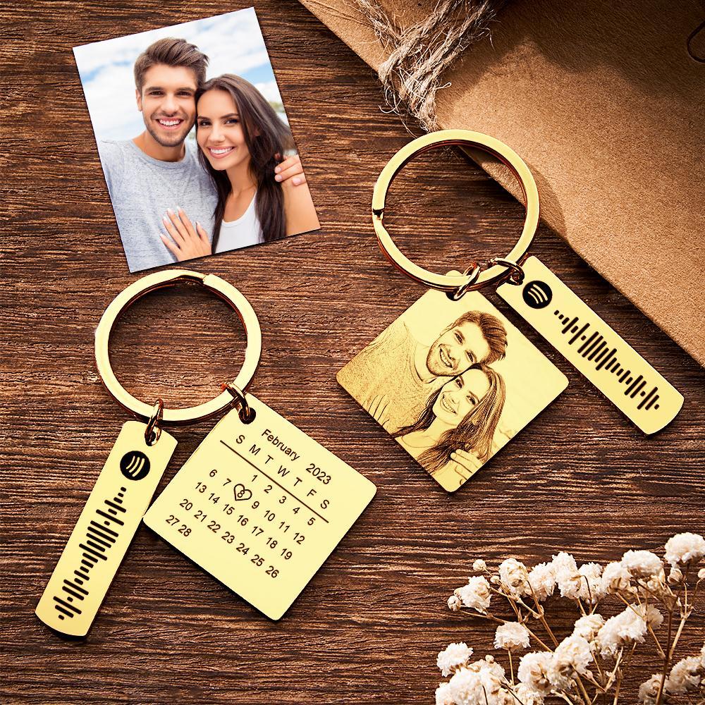 Personalized Calendar Keychain Special Day Significant Photo Heart Square Shape Music Code Metal Keychain Anniversary Gift - NameNecklace