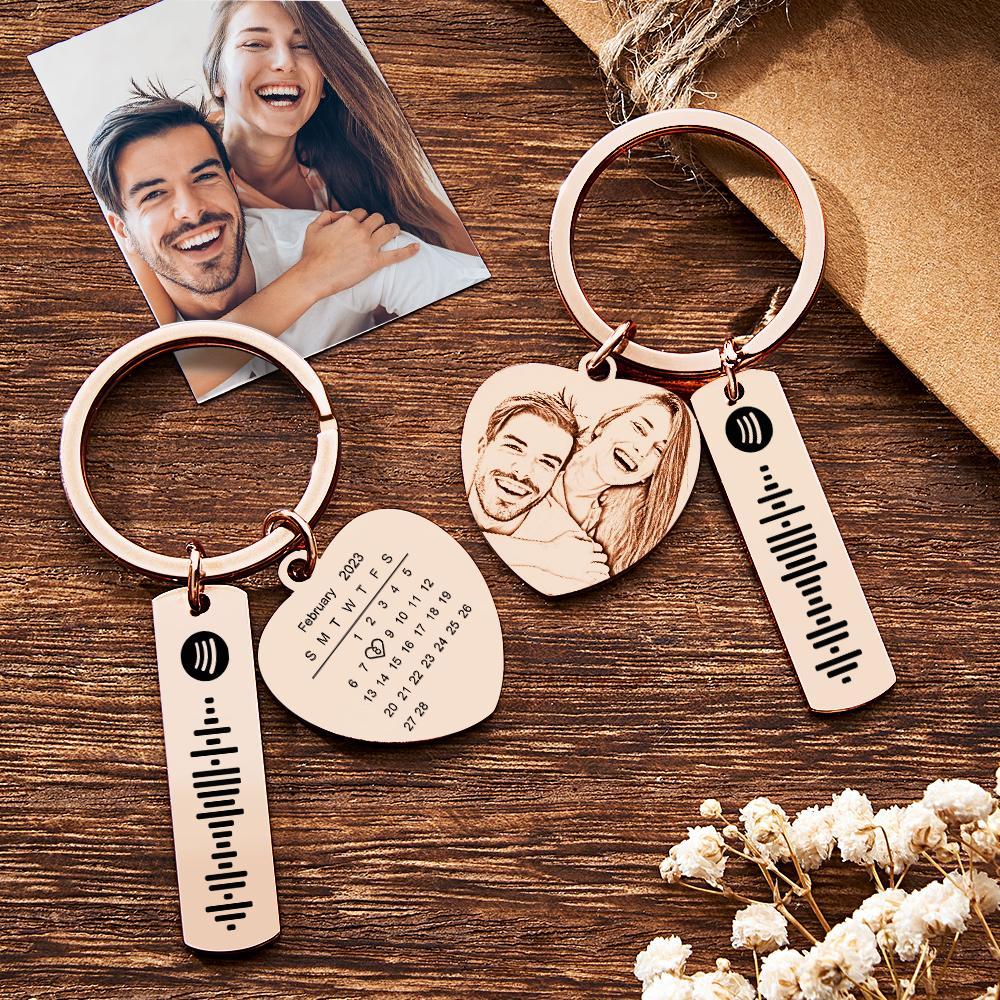 Personalized Calendar Keychain Special Day Significant Photo Heart Square Shape Music Code Metal Keychain Anniversary Gift - NameNecklace