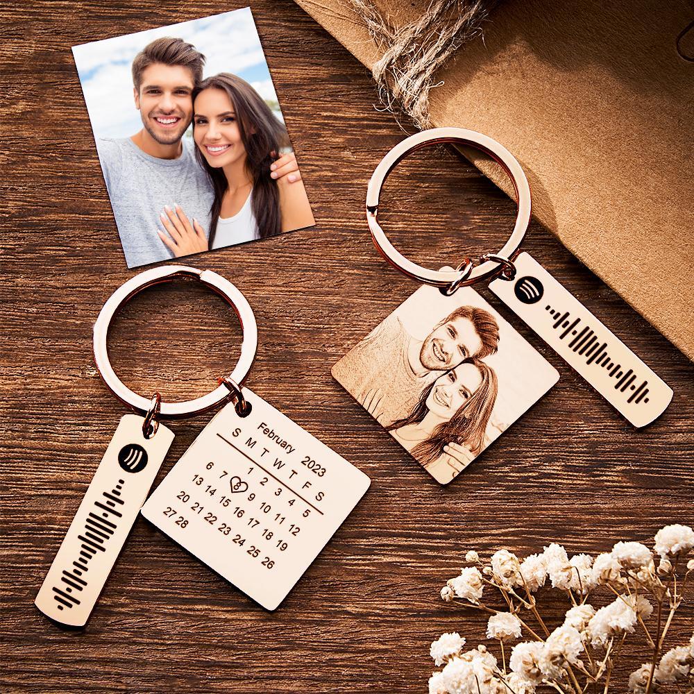 Personalized Calendar Keychain Special Day Significant Photo Heart Square Shape Music Code Metal Keychain Anniversary Gift - NameNecklace