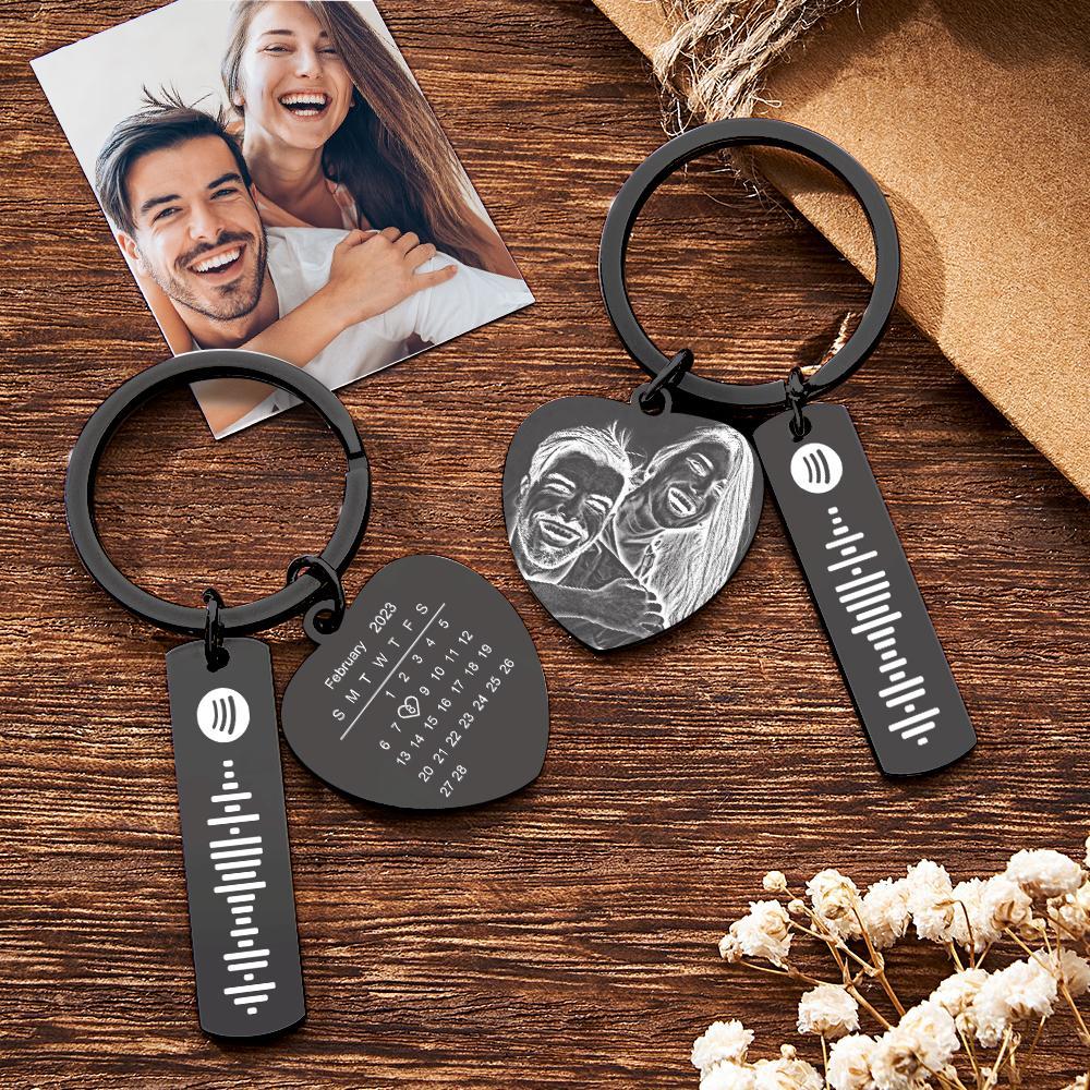 Personalized Calendar Keychain Special Day Significant Photo Heart Square Shape Music Code Metal Keychain Anniversary Gift - NameNecklace