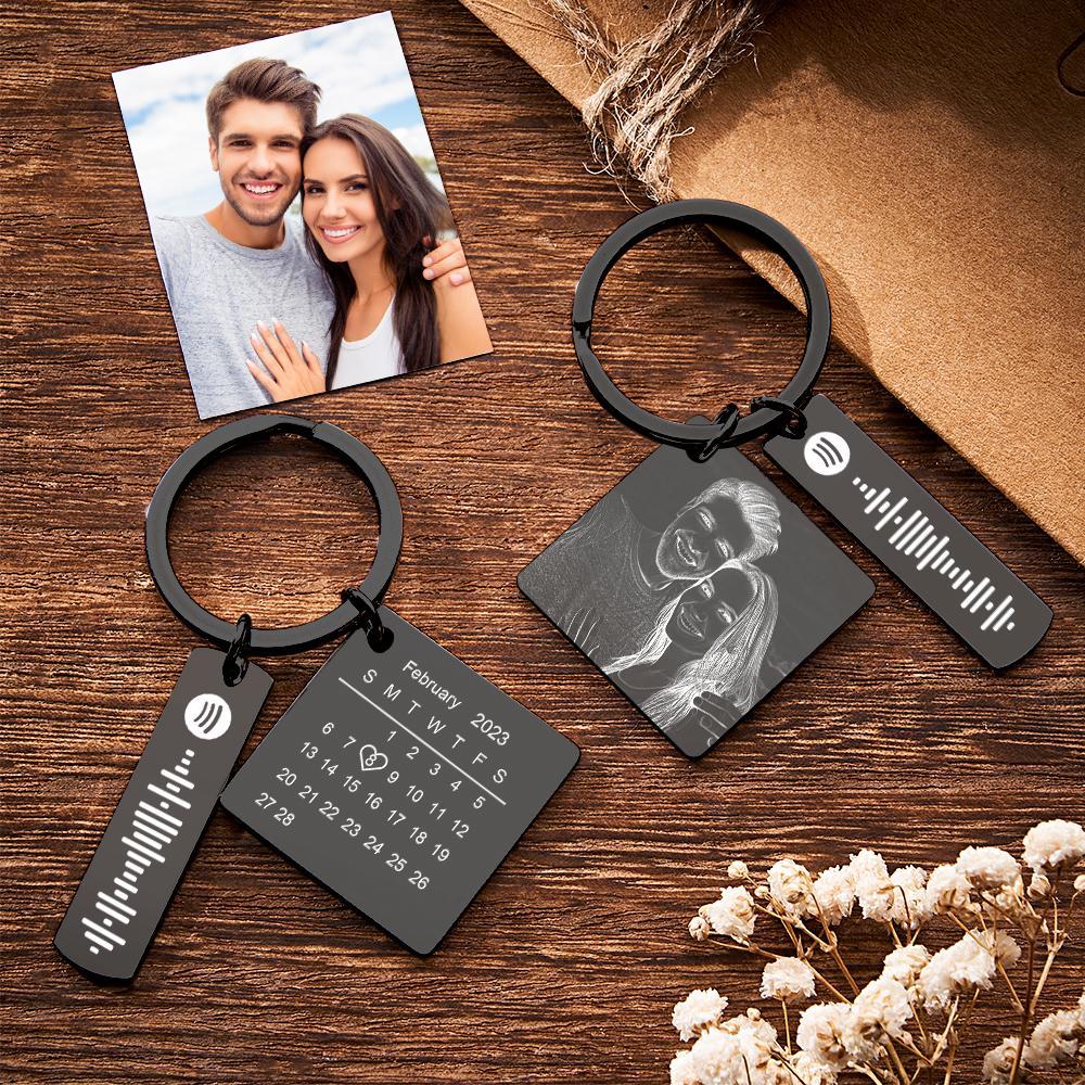 Personalized Calendar Keychain Special Day Significant Photo Heart Square Shape Music Code Metal Keychain Anniversary Gift - NameNecklace