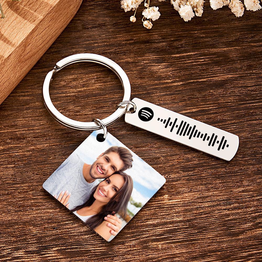 Personalized Calendar Keychain Special Day Significant Photo Heart Square Shape Music Code Metal Keychain Anniversary Gift - NameNecklace