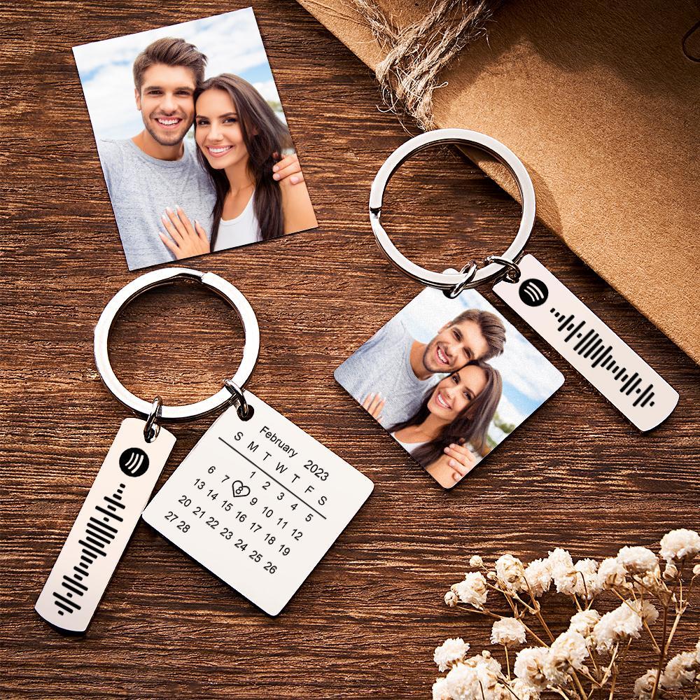 Personalized Calendar Keychain Special Day Significant Photo Heart Square Shape Music Code Metal Keychain Anniversary Gift - NameNecklace