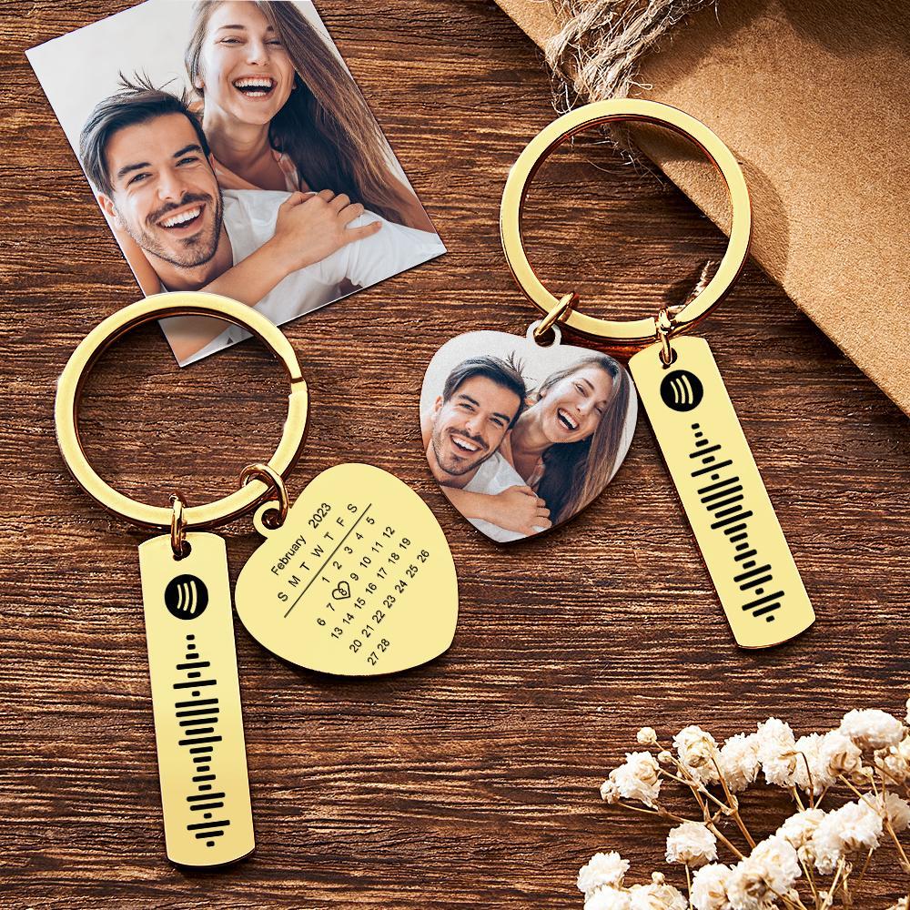 Personalized Calendar Keychain Special Day Significant Photo Heart Square Shape Music Code Metal Keychain Anniversary Gift - NameNecklace