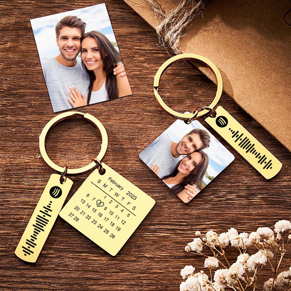 Personalized Calendar Keychain Special Day Significant Photo Heart Square Shape Music Code Metal Keychain Anniversary Gift - NameNecklace