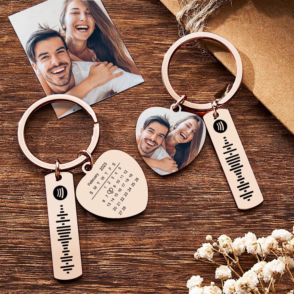 Personalized Calendar Keychain Special Day Significant Photo Heart Square Shape Music Code Metal Keychain Anniversary Gift - NameNecklace